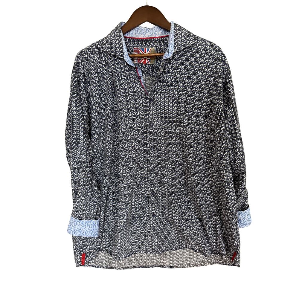 7 Downie St. Men’s Button-Down Shirt XL Navy Geometric Print Contrast Cuffs